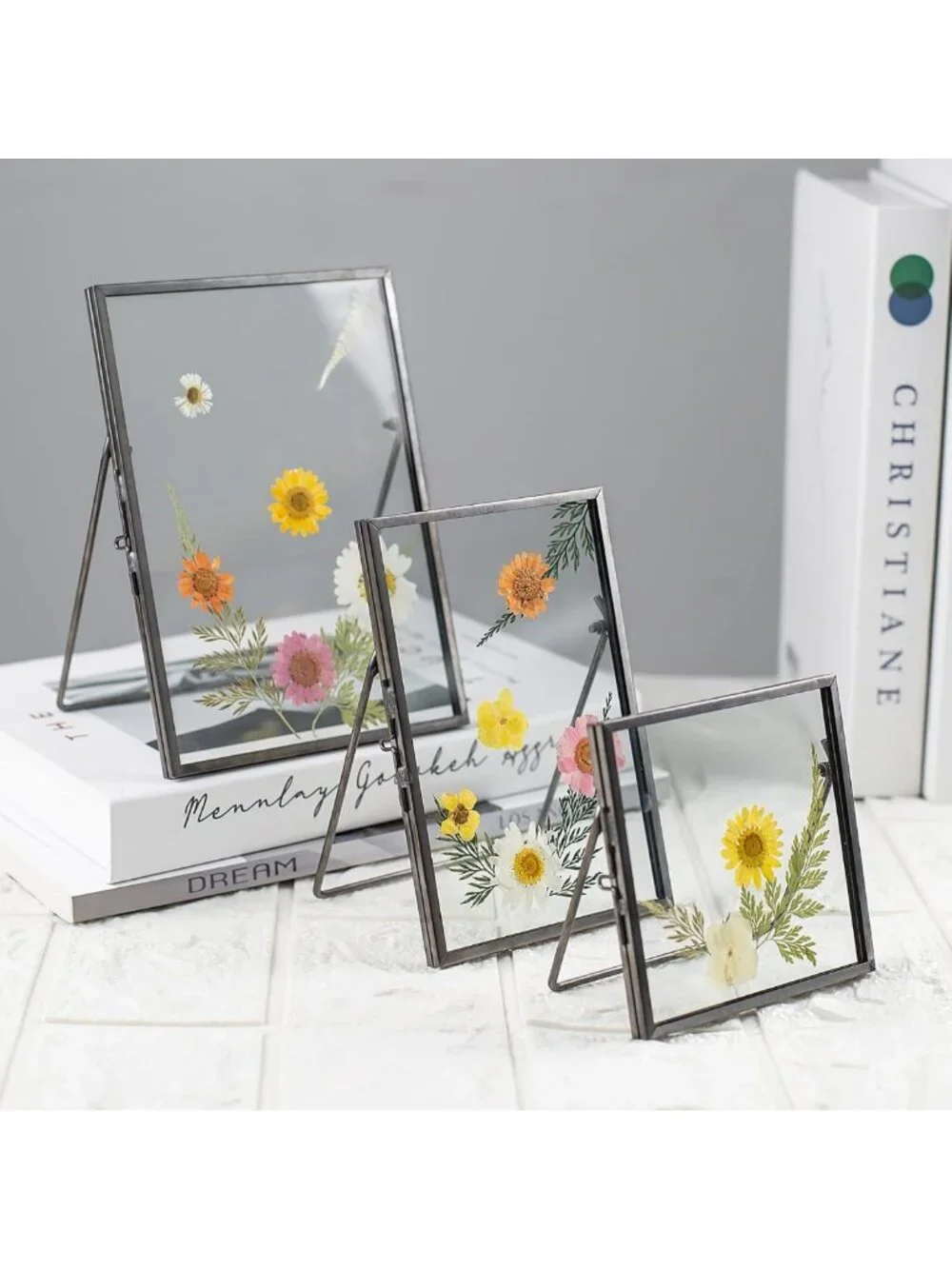 Vintage Gunmetal Gray Floating Picture Frames Set of 3 - Glass Pressed Flowers